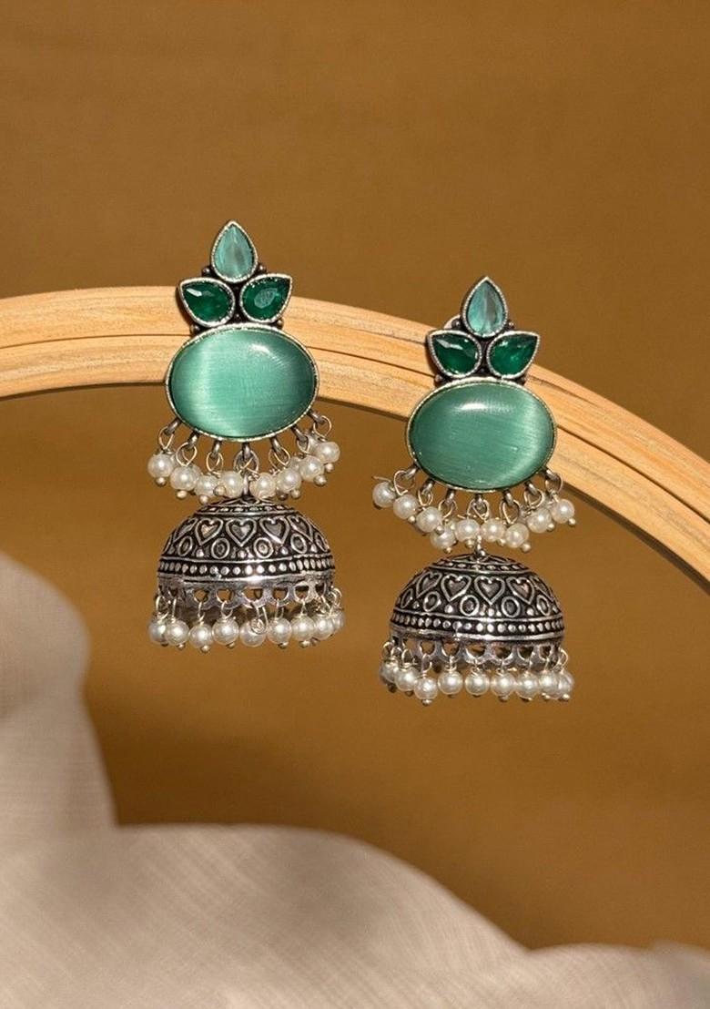 Silver Plated Artificial Stones And Beads Oxidised Contemporary Drop Earrings