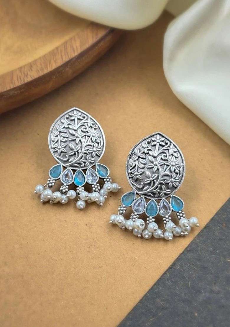 Silver Plated Stones Studded And Beaded Teardrop Shaped Oxidised Drop Earrings - Indya