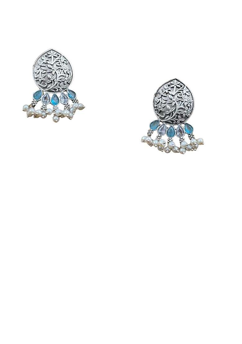 Silver Plated Stones Studded And Beaded Teardrop Shaped Oxidised Drop Earrings - Indya