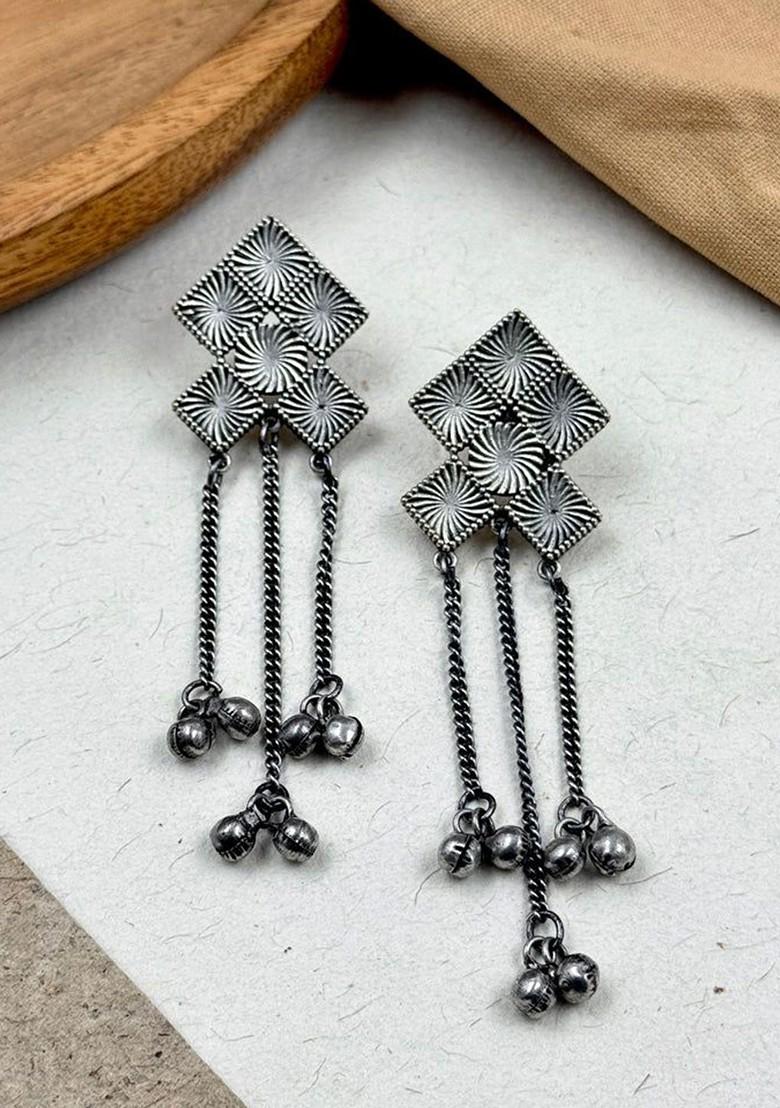 Silver Plated Contemporary Oxidised Drop Earrings