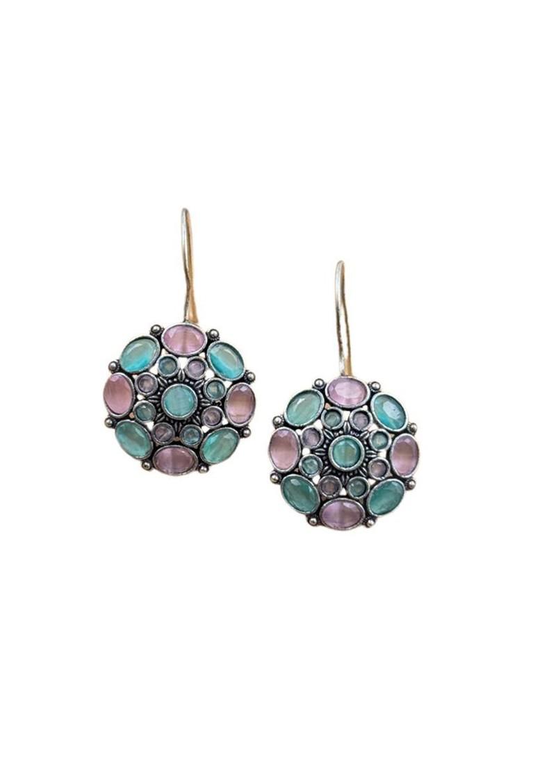 Silver Plated Artificial Stones Studded Circular Shaped Oxidised Drop Earrings