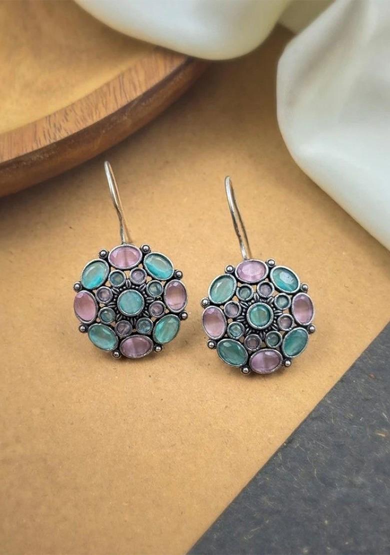 Silver Plated Artificial Stones Studded Circular Shaped Oxidised Drop Earrings
