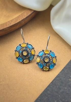 Silver Plated Artificial Stones Studded Floral Shaped Oxidised Drop Earrings