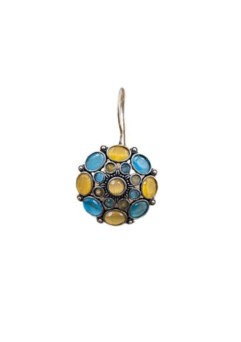 Silver Plated Artificial Stones Studded Floral Shaped Oxidised Drop Earrings - Indya