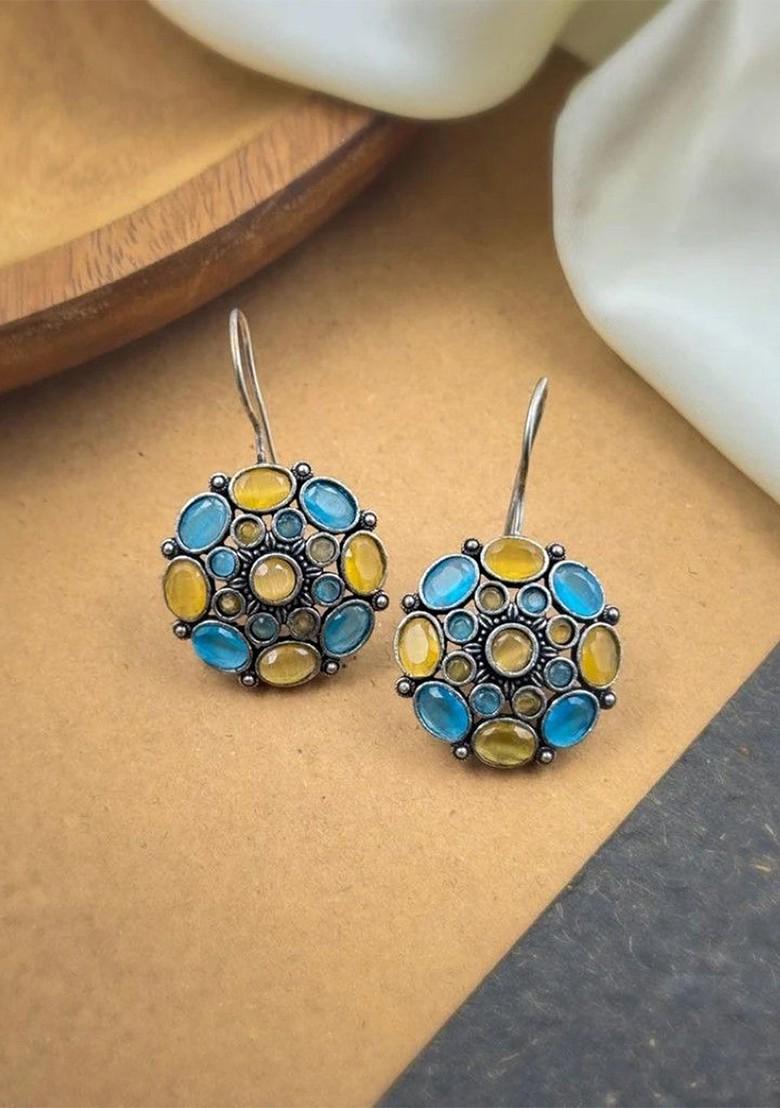 Silver Plated Artificial Stones Studded Floral Shaped Oxidised Drop Earrings