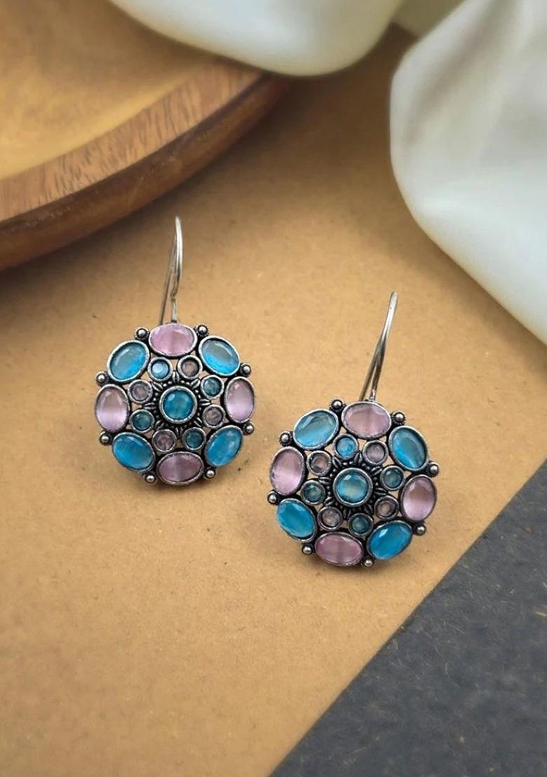 Silver Plated Artificial Stones Studded Floral Shaped Oxidised Studs