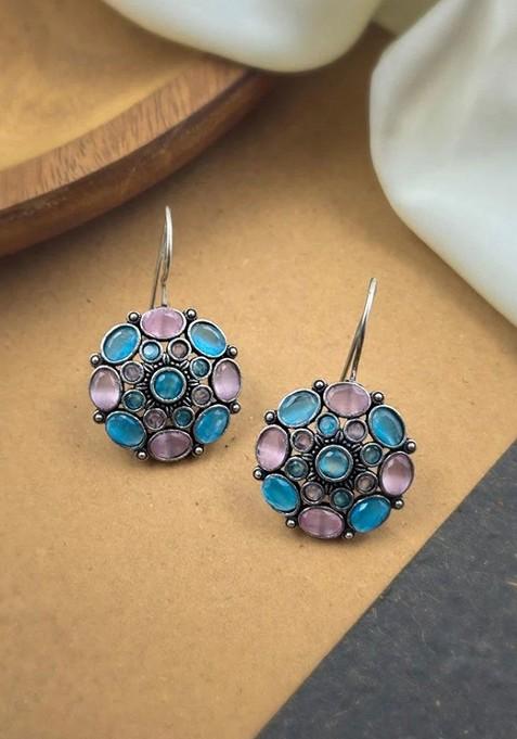 Silver Plated Artificial Stones Studded Floral Shaped Oxidised Studs
