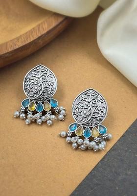 Silver Plated Stones Studded And Beaded Teardrop Shaped Oxidised Drop Earrings