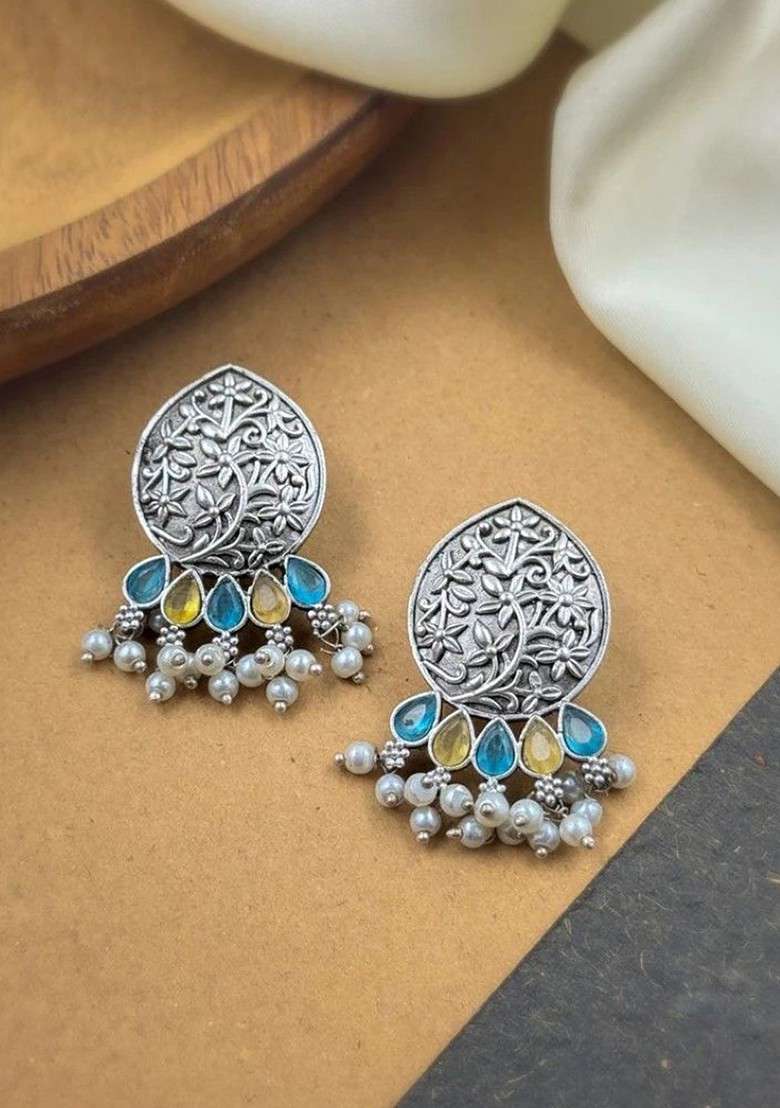 Silver Plated Stones Studded And Beaded Teardrop Shaped Oxidised Drop Earrings - Indya