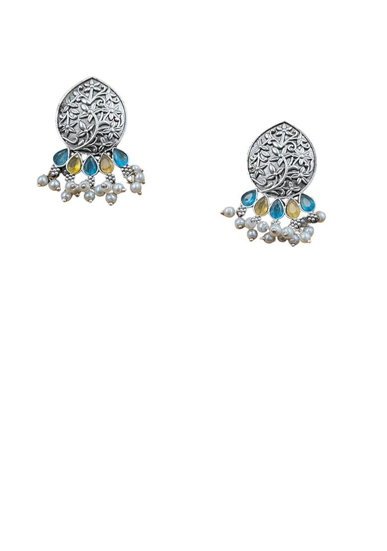 Silver Plated Stones Studded And Beaded Teardrop Shaped Oxidised Drop Earrings