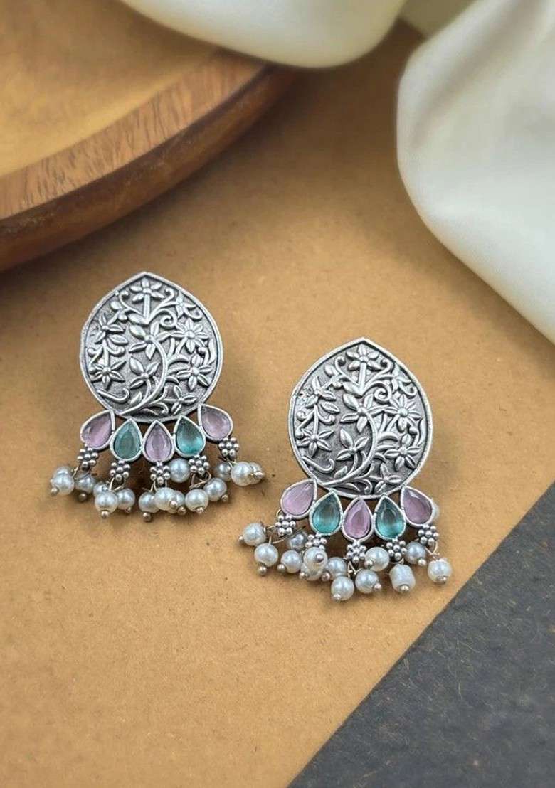 Silver Plated Stones Studded And Beaded Teardrop Shaped Oxidised Drop Earrings - Indya