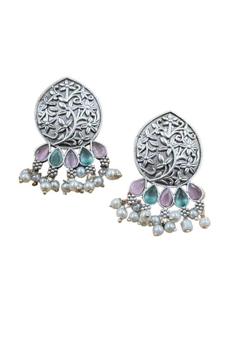 Silver Plated Stones Studded And Beaded Teardrop Shaped Oxidised Drop Earrings - Indya