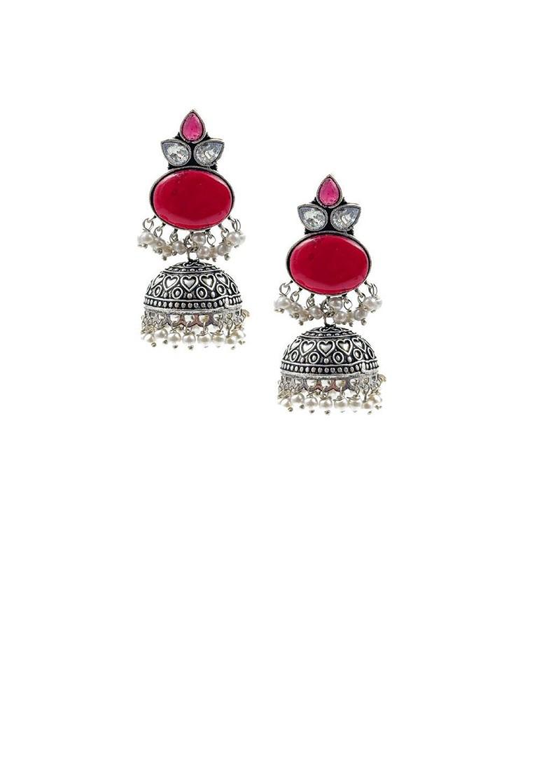 Silver Plated Artificial Stones And Beads Oxidised Contemporary Drop Earrings