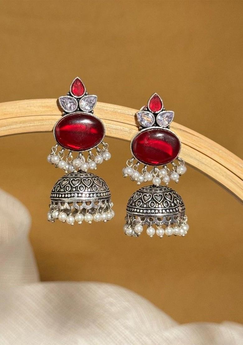 Silver Plated Artificial Stones And Beads Oxidised Contemporary Drop Earrings