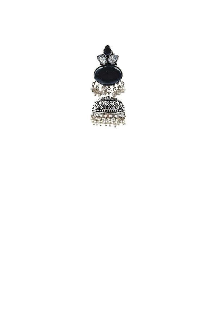 Silver Plated Artificial Stones Studded And Beaded Dome Shaped Oxidised Jhumkas