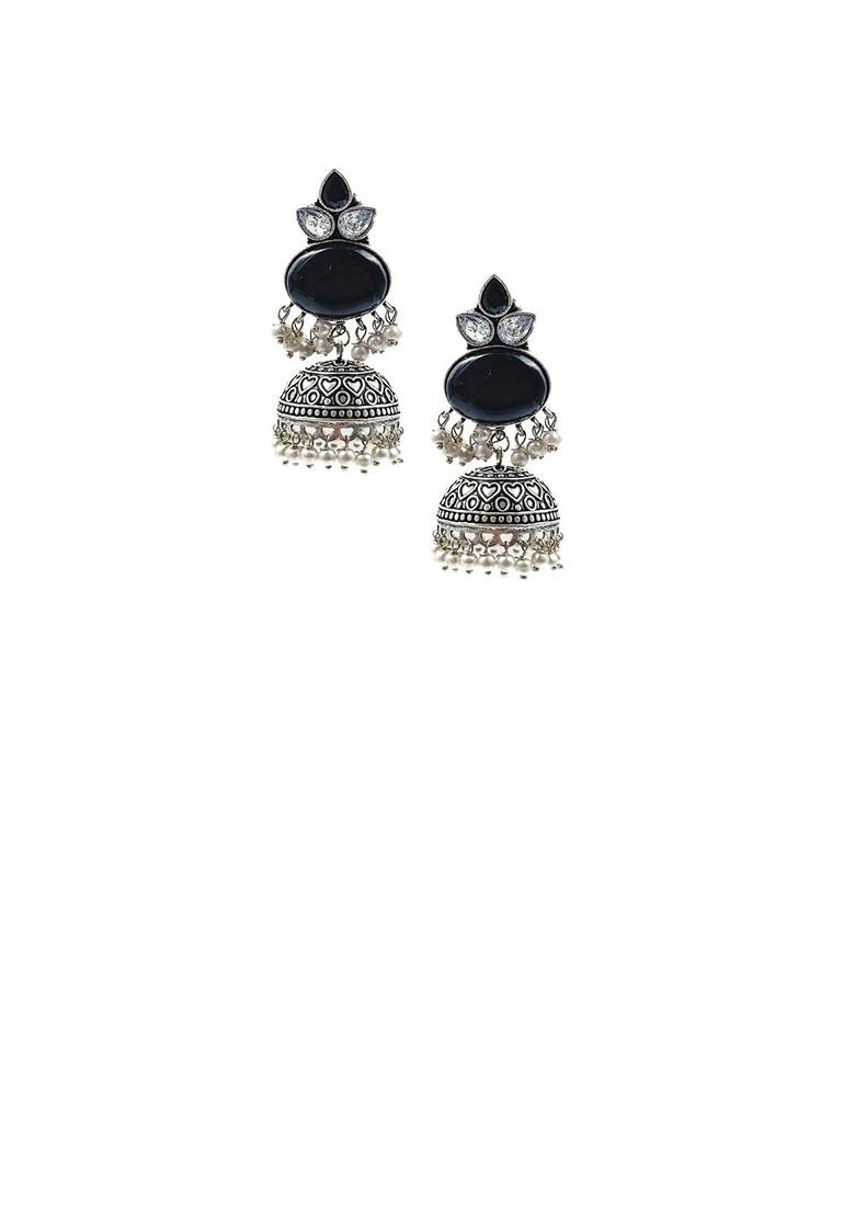 Silver Plated Artificial Stones Studded And Beaded Dome Shaped Oxidised Jhumkas