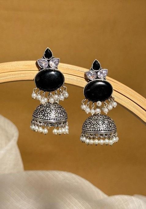 Silver Plated Artificial Stones Studded And Beaded Dome Shaped Oxidised Jhumkas