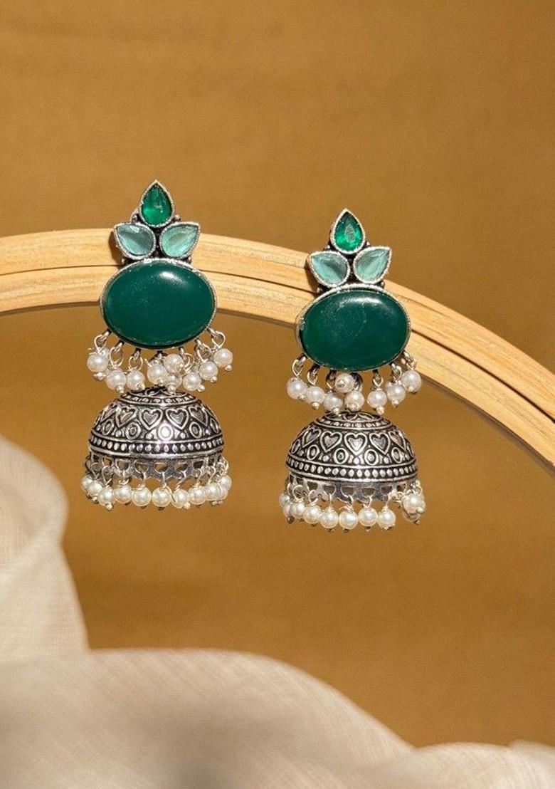 Silver Plated Artificial Stone And Beaded Dome Shaped Oxidised Drop Earrings