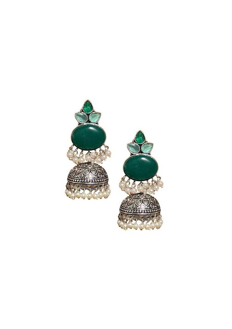 Silver Plated Artificial Stone And Beaded Dome Shaped Oxidised Drop Earrings