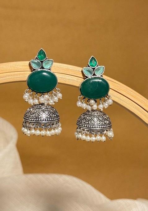 Silver Plated Artificial Stone And Beaded Dome Shaped Oxidised Drop Earrings