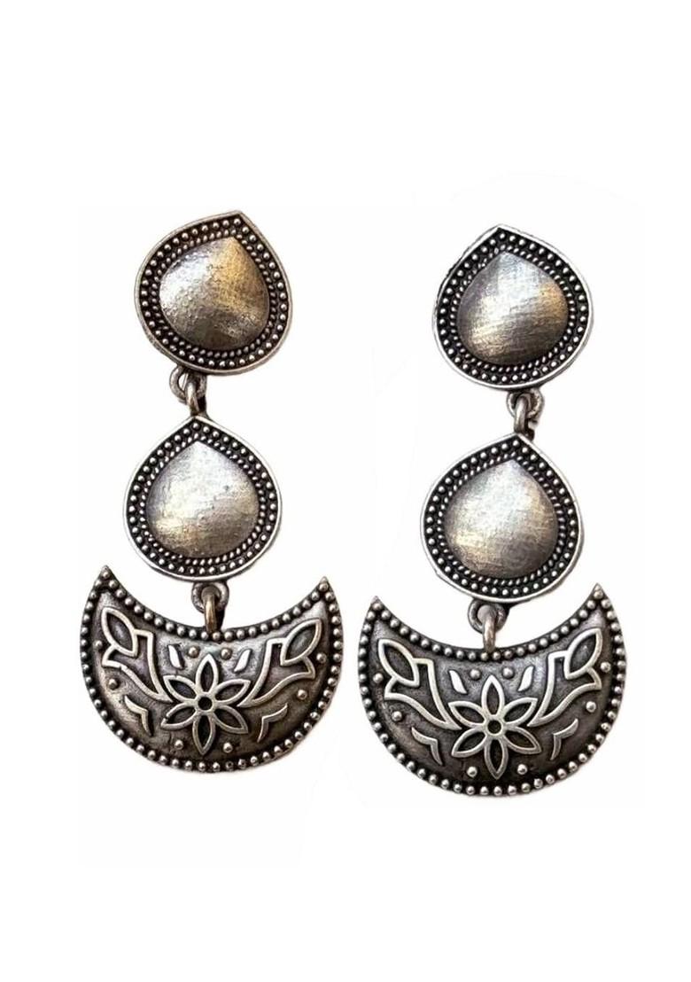 Silver Plated Crescent Shaped Oxidised Drop Earrings