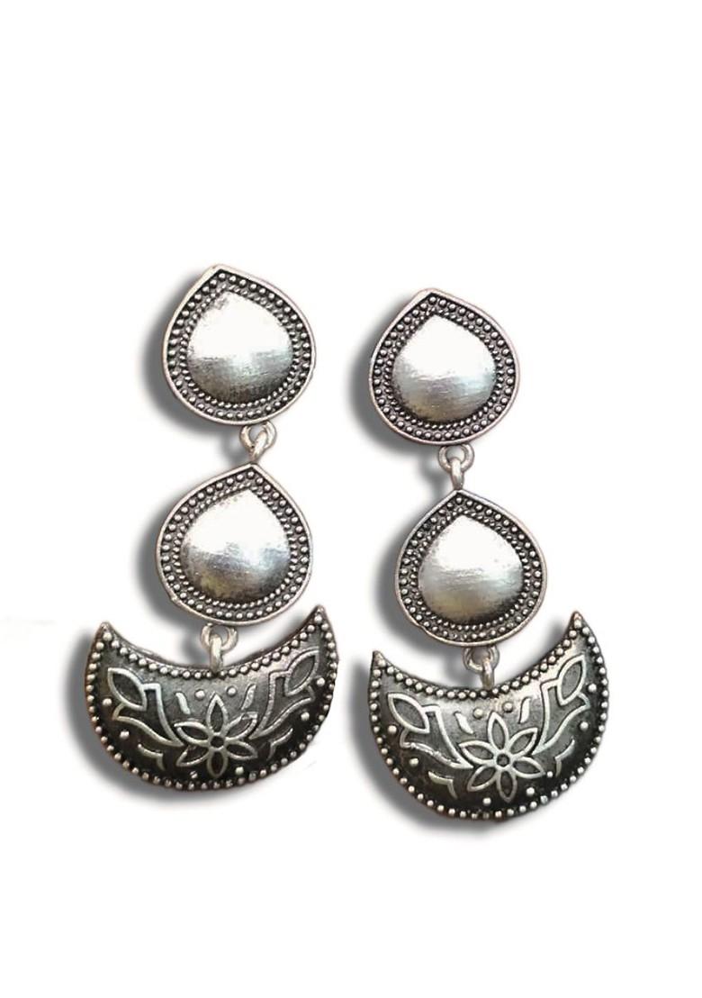 Silver Plated Crescent Shaped Oxidised Drop Earrings