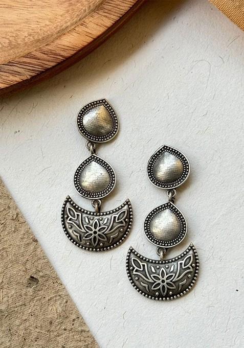 Silver Plated Crescent Shaped Oxidised Drop Earrings