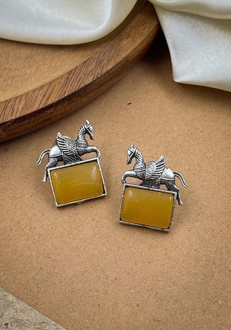 Silver Plated Oxidised Artificial Stones Studded Animal Shaped Studs