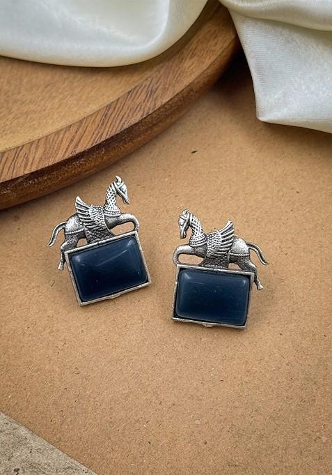 Silver Plated Artificial Stones Studded Oxidised Animal Shaped Studs