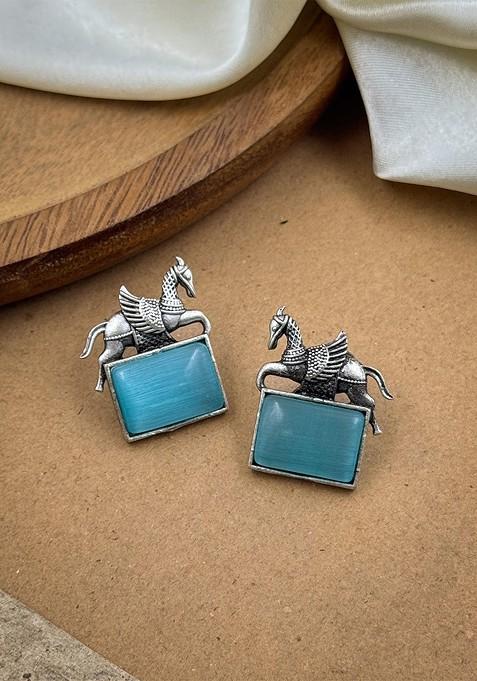 Silver Plated Oxidised Artificial Stones Studded Animal Shaped Studs