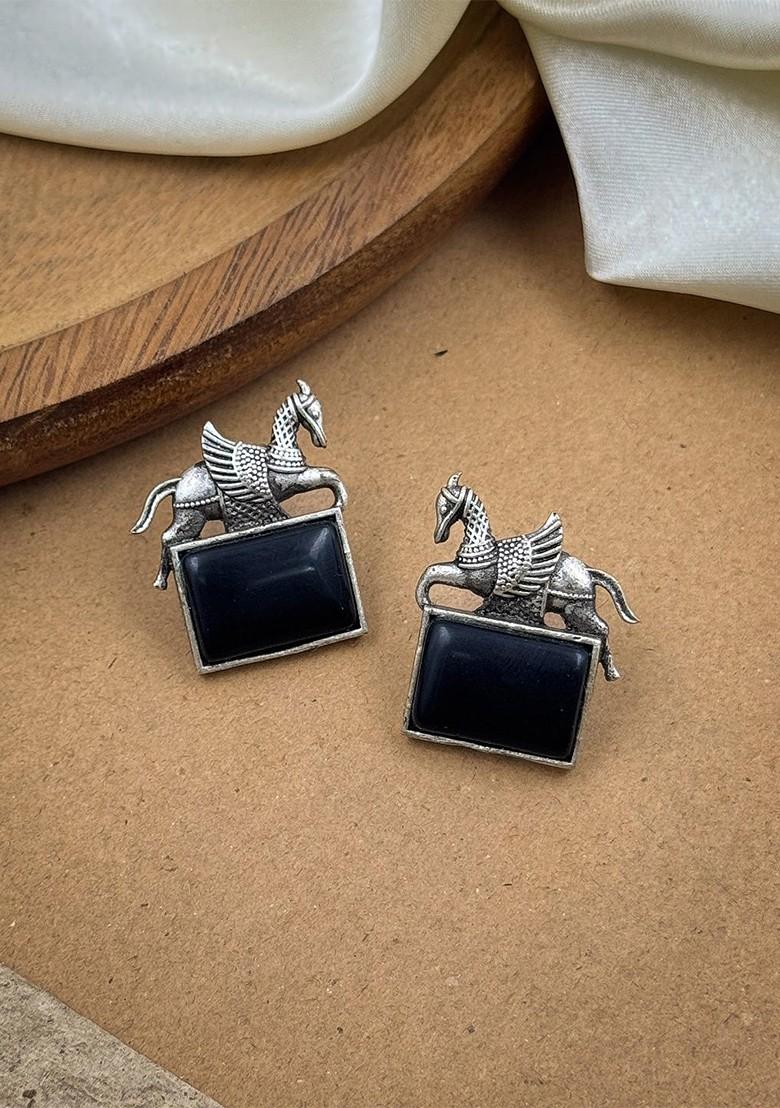 Silver Plated Oxidised Artificial Stones Studded Animal Shaped Studs