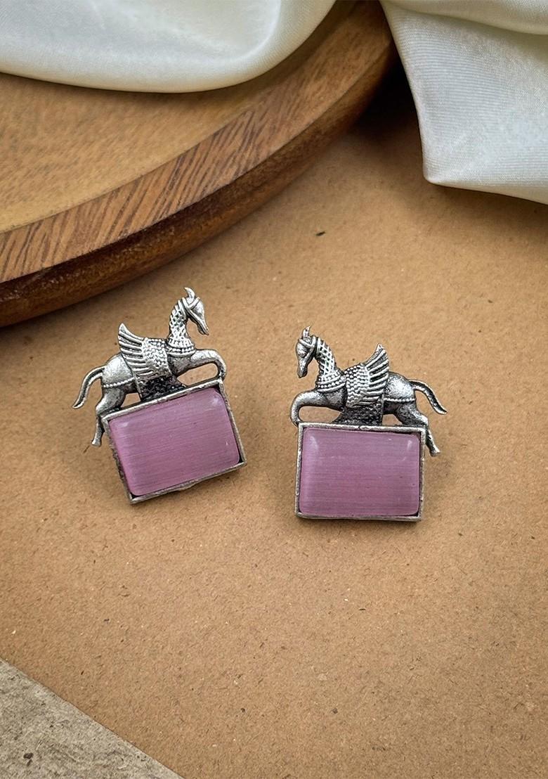 Silver Plated Oxidised Artificial Stones Studded Animal Shaped Studs