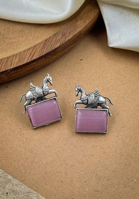 Silver Plated Oxidised Artificial Stones Studded Animal Shaped Studs