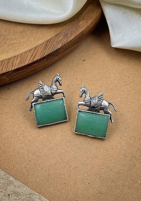 Silver Plated Oxidised Artificial Stones Studded Animal Shaped Studs
