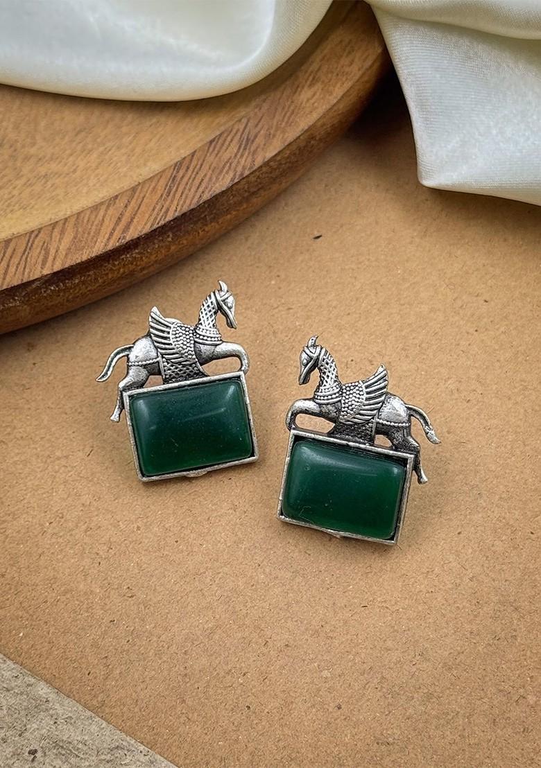 Silver Plated Oxidised Artificial Stones Studded Animal Shaped Studs