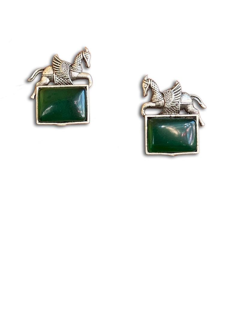 Silver Plated Oxidised Artificial Stones Studded Animal Shaped Studs