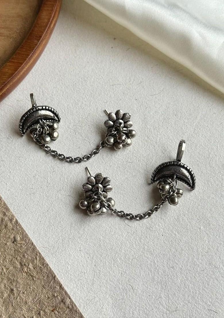 Silver Plated Contemporary Oxidised Ear Cuff Earrings