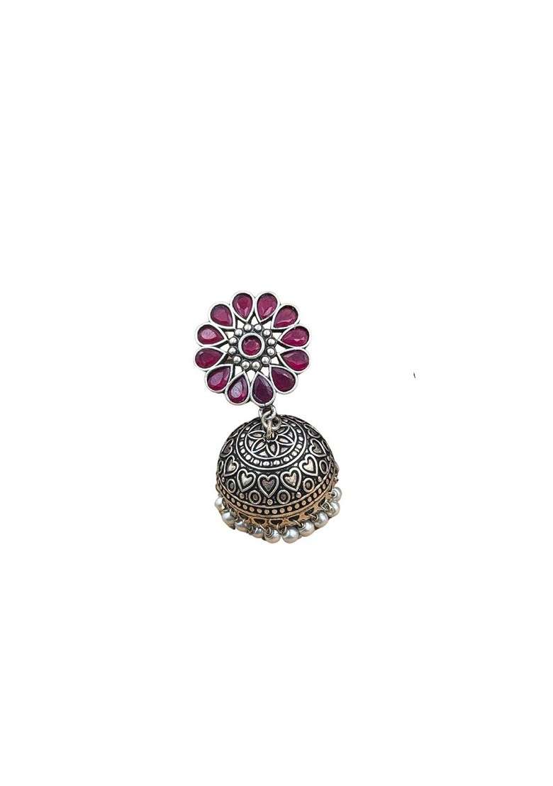 Silver Plated Artificial Stones Studded And Beaded Dome Shaped Oxidised Jhumkas - Indya