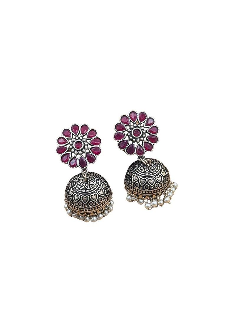Silver Plated Artificial Stones Studded And Beaded Dome Shaped Oxidised Jhumkas