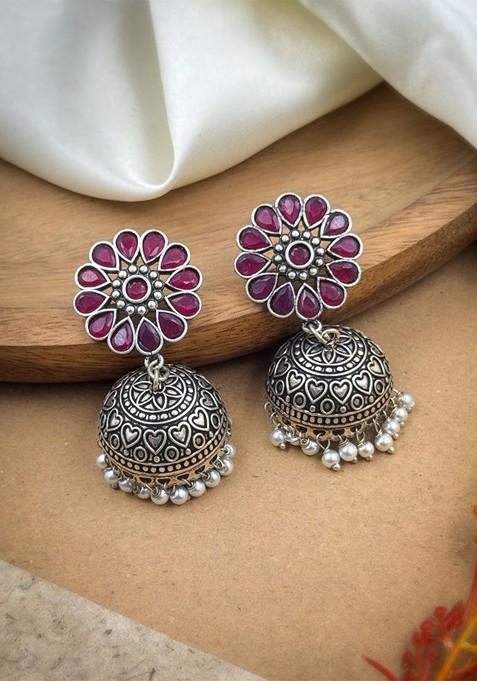 Silver Plated Artificial Stones Studded And Beaded Dome Shaped Oxidised Jhumkas