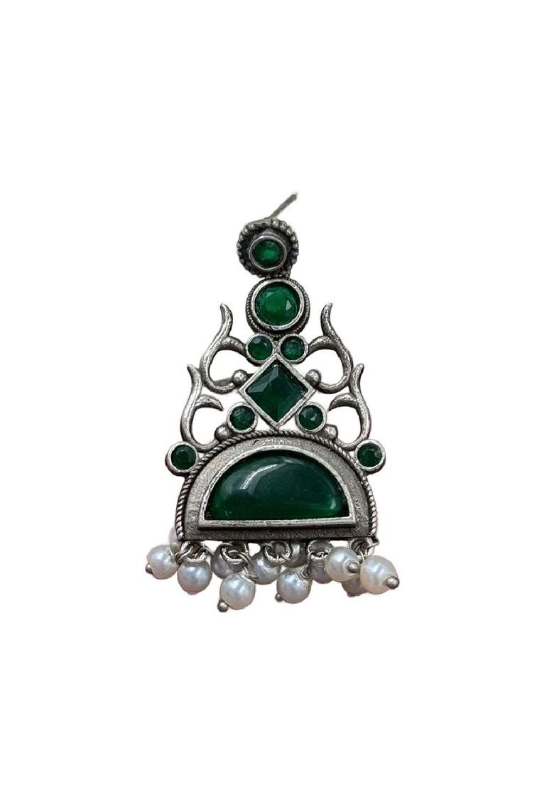 Silver Plated Stones Studded And Beaded Crescent Oxidized Drop Earrings