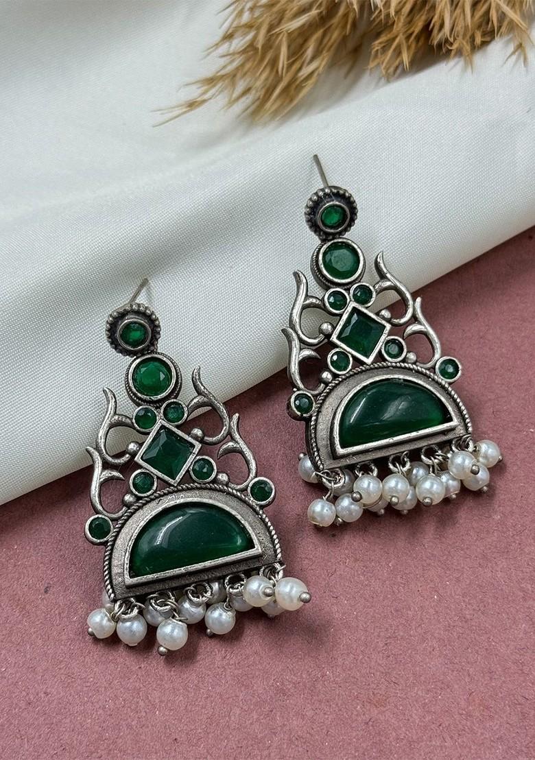 Silver Plated Stones Studded And Beaded Crescent Oxidized Drop Earrings