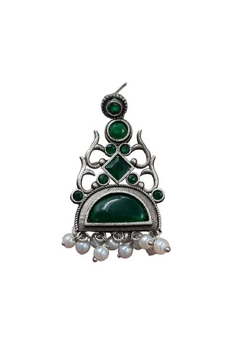 Silver Plated Stones Studded And Beaded Crescent Oxidized Drop Earrings