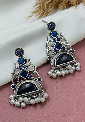 Silver Plated Artificial Stones Studded Contemporary Oxidised Drop Earrings