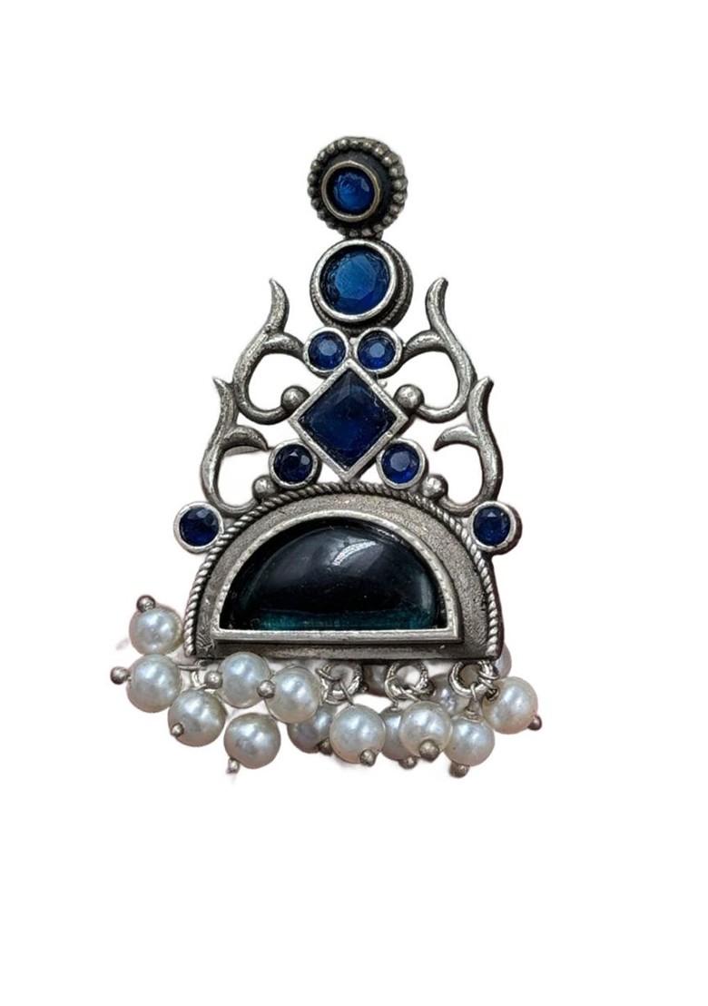 Silver Plated Artificial Stones Studded Contemporary Oxidised Drop Earrings