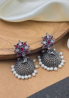 Silver Plated Artificial Stones And Beads Oxidised Contemporary Jhumkas