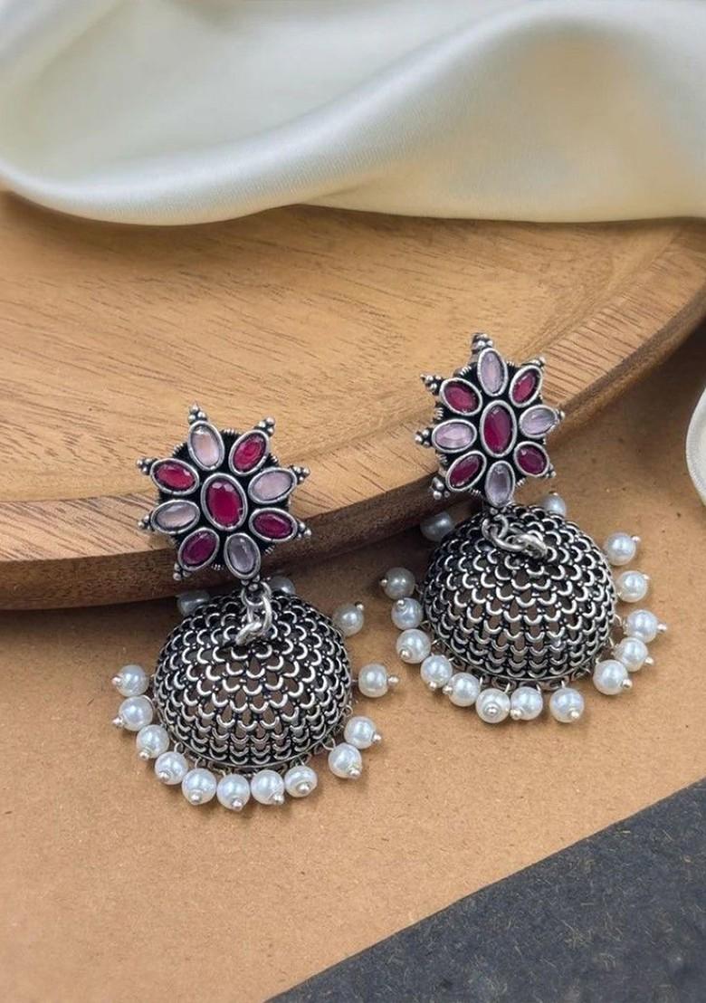 Silver Plated Artificial Stones And Beads Oxidised Contemporary Jhumkas