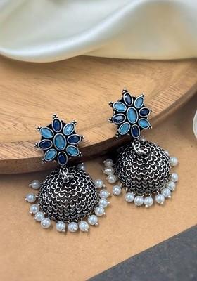 Silver Plated Artificial Stones And Beads Oxidised Contemporary Jhumkas