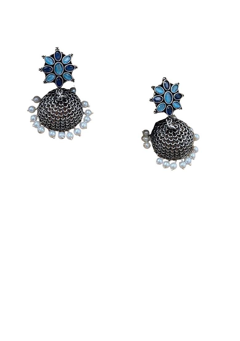 Silver Plated Artificial Stones And Beads Oxidised Contemporary Jhumkas