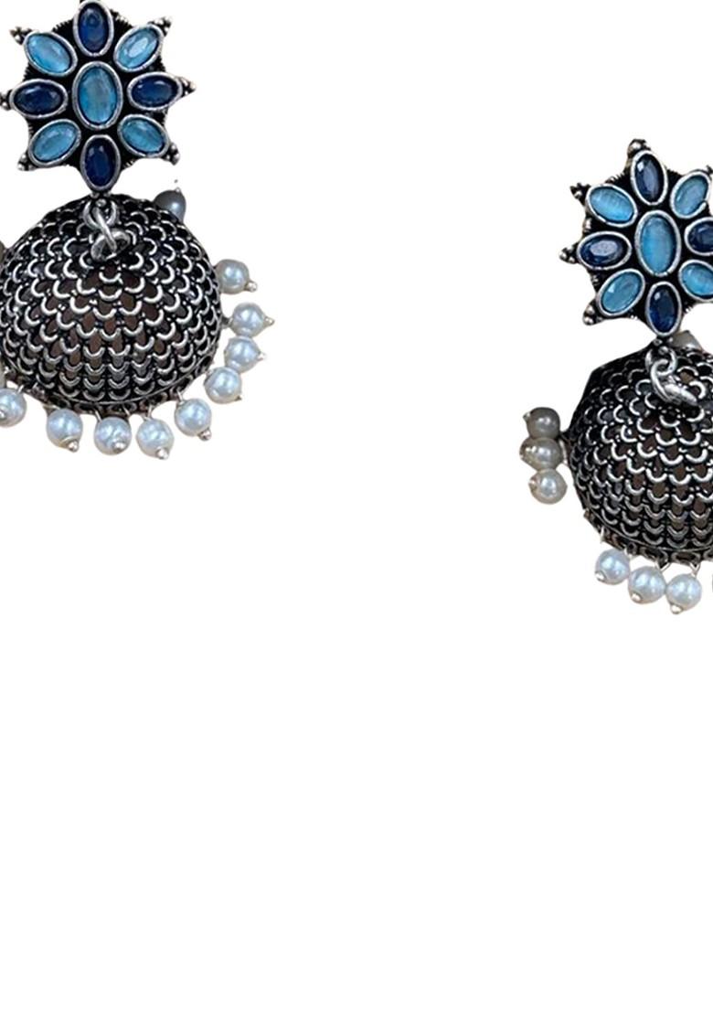Silver Plated Artificial Stones And Beads Oxidised Contemporary Jhumkas